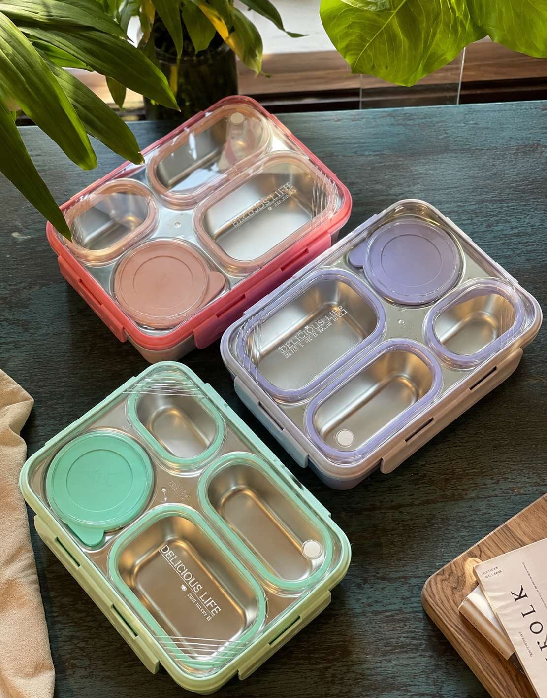 Premium Stainless Steel Lunch Box with 4 Compartments, Removable SUS304 Steel Tray & Round Container